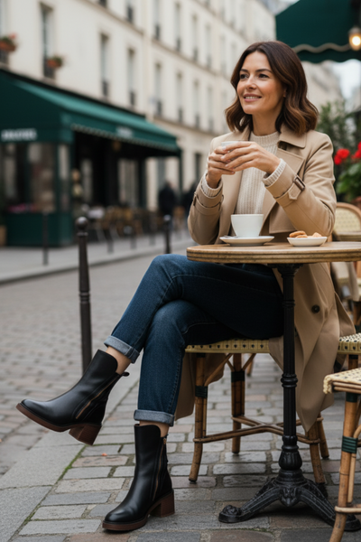 Corinne™ | Bottines noires en cuir à talon confort, élégantes et intemporelles