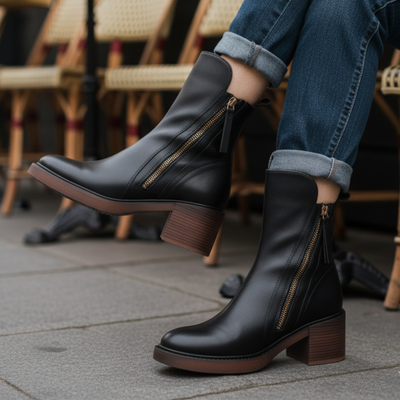 Corinne™ | Bottines noires en cuir à talon confort, élégantes et intemporelles