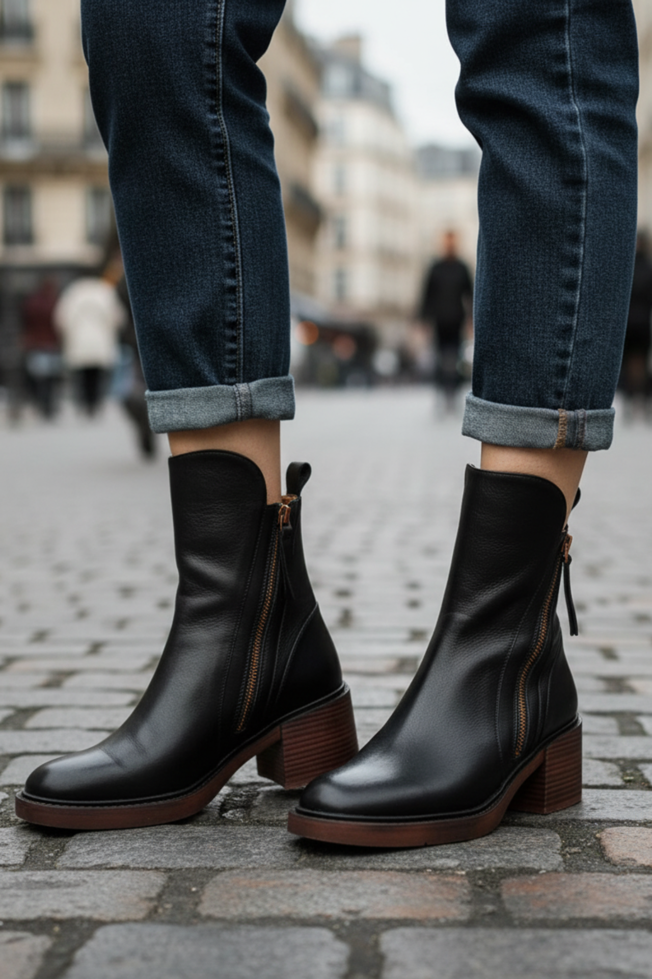 Corinne™ | Bottines noires en cuir à talon confort, élégantes et intemporelles