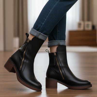 Corinne™ | Bottines noires en cuir à talon confort, élégantes et intemporelles