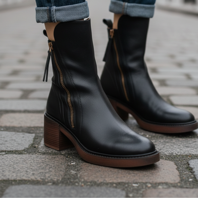 Corinne™ | Bottines noires en cuir à talon confort, élégantes et intemporelles